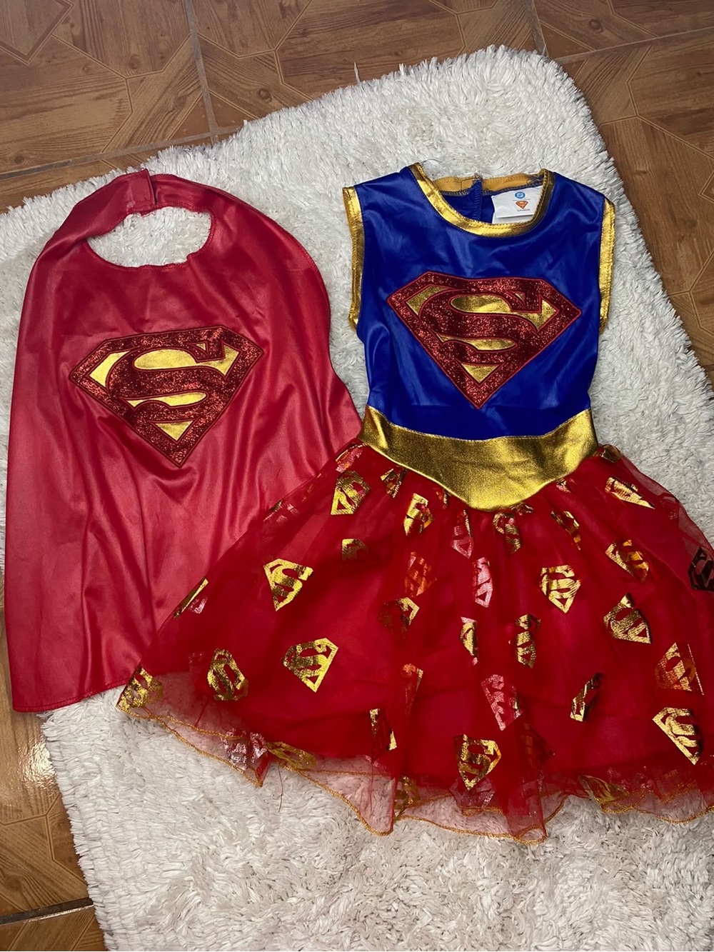 Girl's Superhero Dress & Cape Costume in Red, Blue & Gold - Classic Emblem